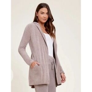 BAREFOOT DREAMS Taupe Pink Small CozyChic Lite Long Hooded Open Cardigan #HR-5